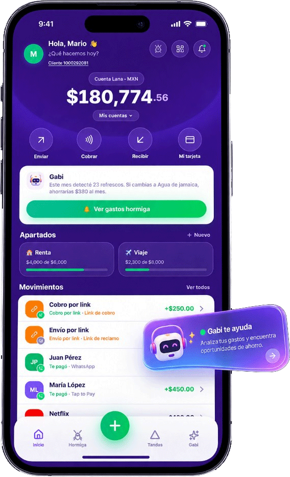 App Lana Online en el celular — saldo, movimientos y Gabi dentro de WhatsApp