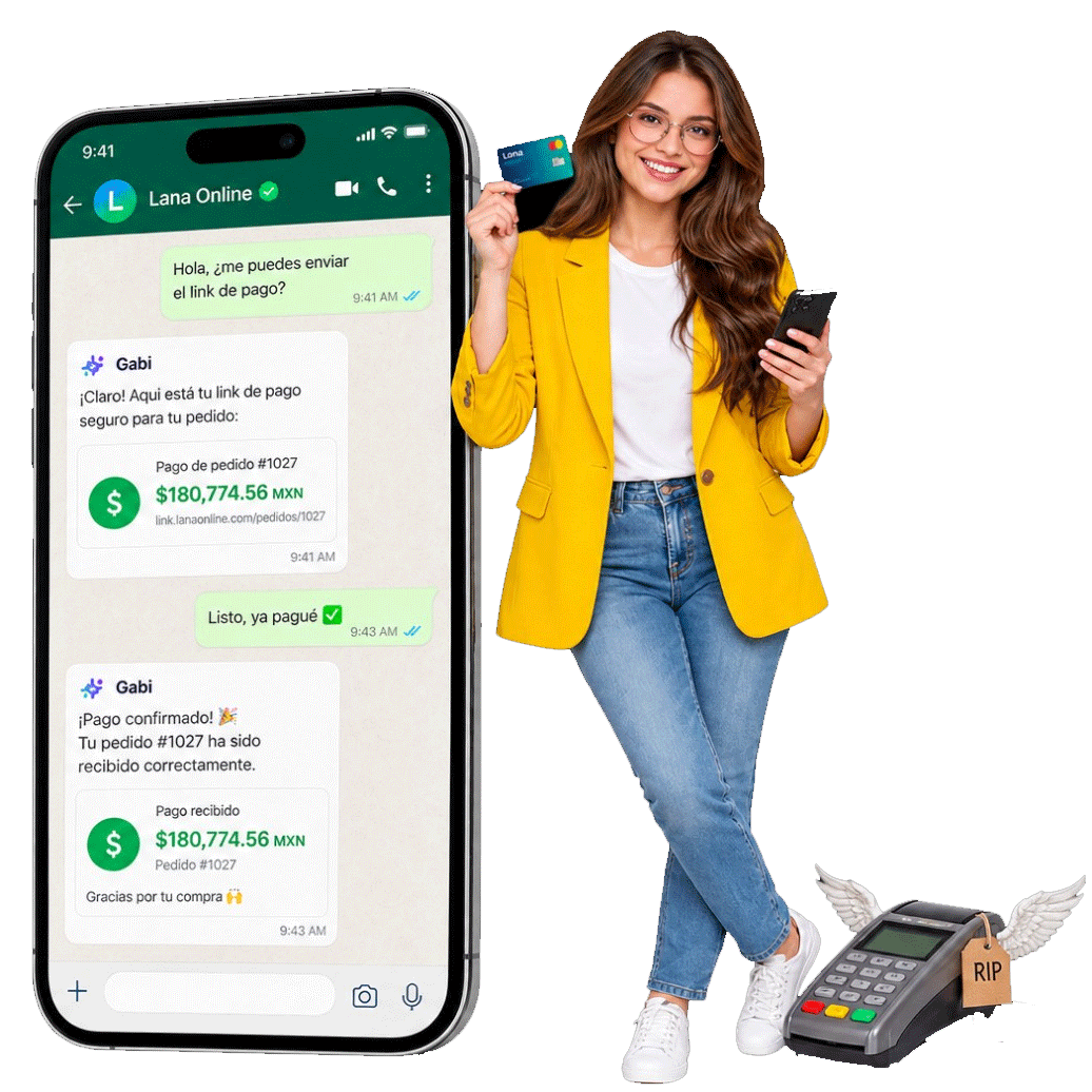 Mujer cobrando con Lana Online por WhatsApp — adiós a las terminales