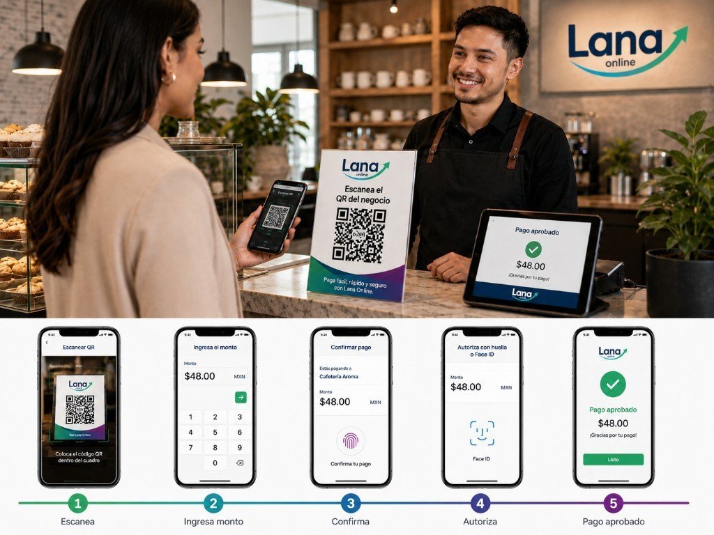 Flujo de pago con Lana Online: escanea, confirma y paga