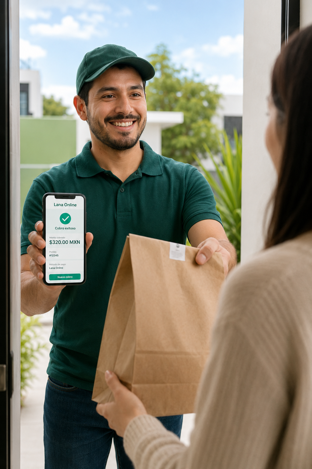Repartidor cobrando una entrega al instante con Lana Online