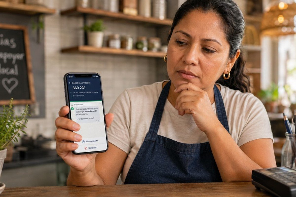 Comerciante recibiendo intento de fraude pidiendo código de verificación por WhatsApp