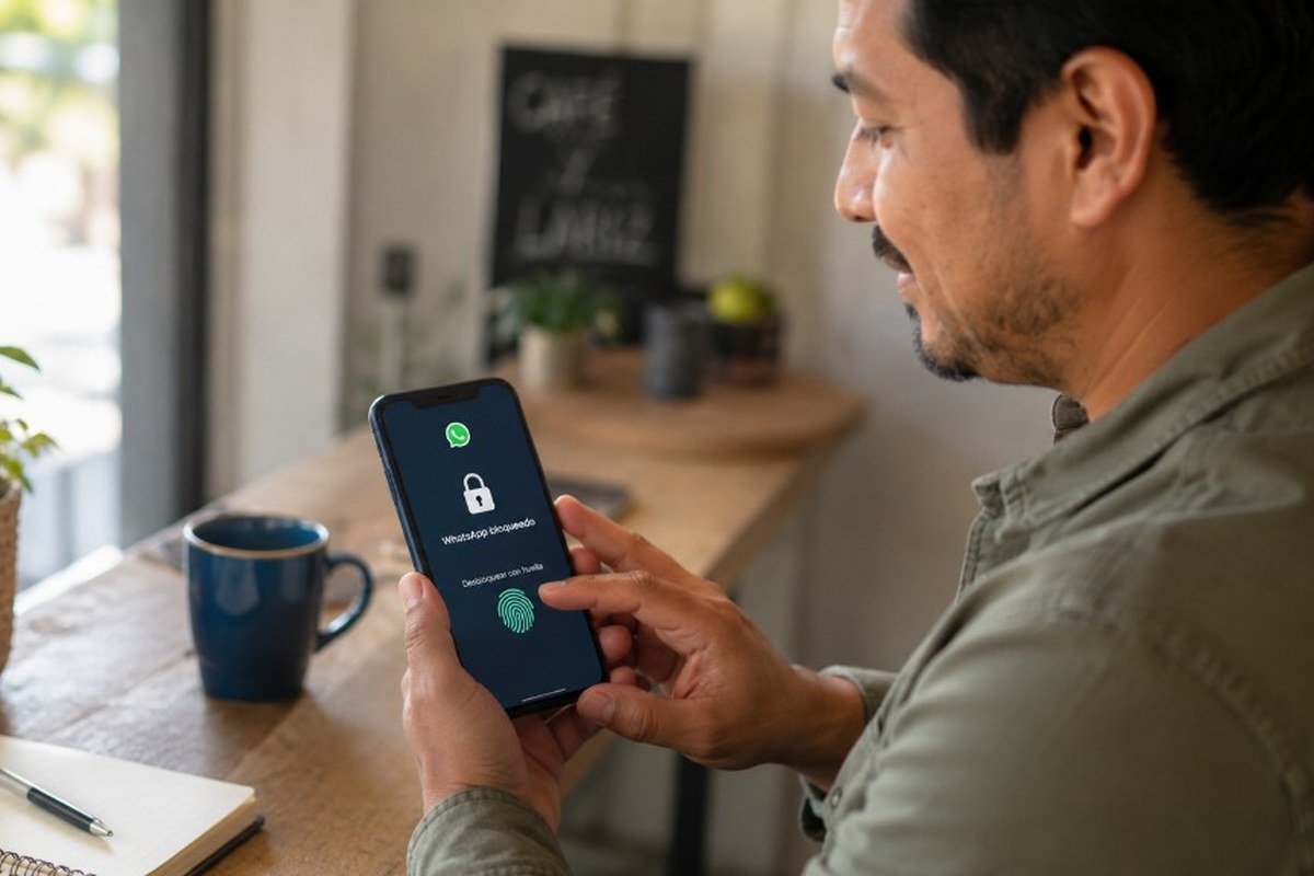 Persona desbloqueando WhatsApp con huella dactilar en un café
