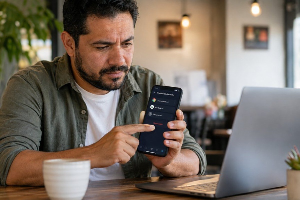 Utilisateur vérifiant des appareils liés inconnus sur WhatsApp