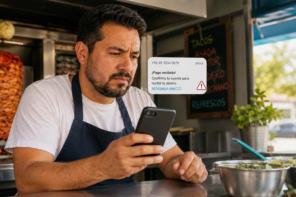 Taquero desconfiando de un SMS urgente con link falso de pago
