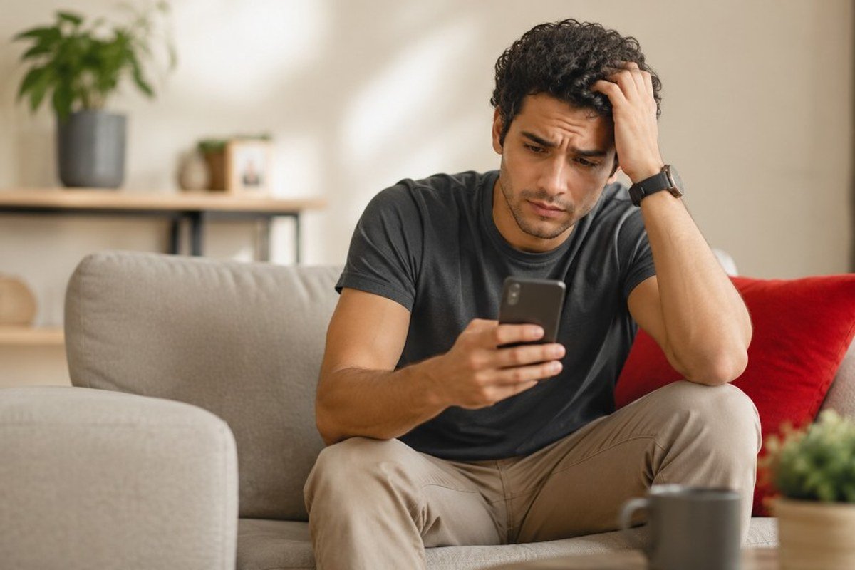Joven desconfiando de una app sospechosa en su celular